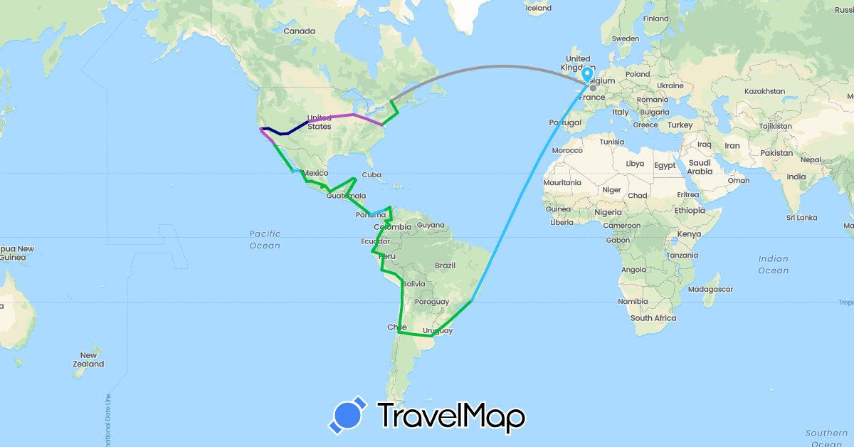 TravelMap itinerary: driving, bus, plane, train, boat in Argentina, Brazil, Canada, Chile, Colombia, Ecuador, France, Guatemala, Mexico, Panama, Peru, United States (Europe, North America, South America)